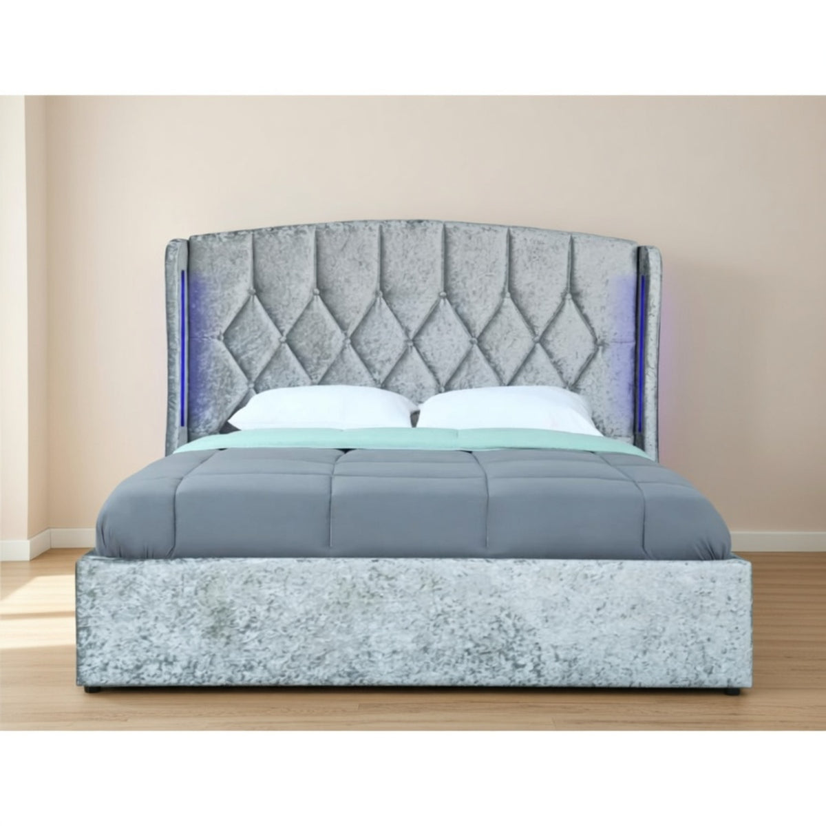 Balmoral King Size Ottoman Bed Frame in Crush Silver Velvet with LED Lighting - image 16