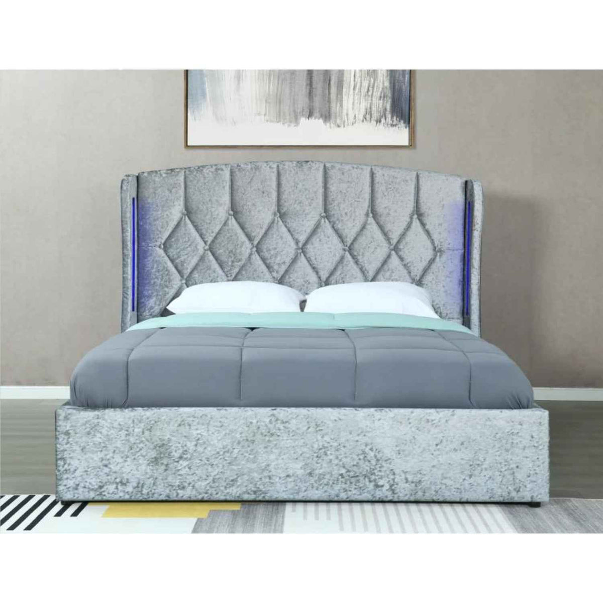 Balmoral King Size Ottoman Bed Frame in Crush Silver Velvet with LED Lighting