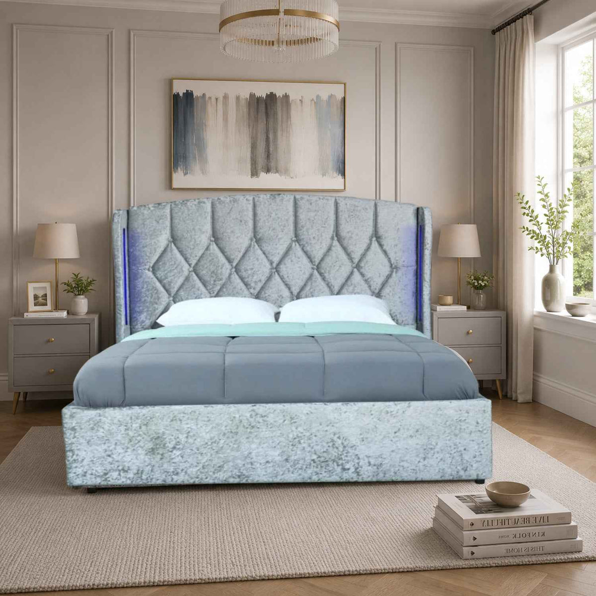 Balmoral King Size Ottoman Bed Frame in Crush Silver Velvet with LED Lighting