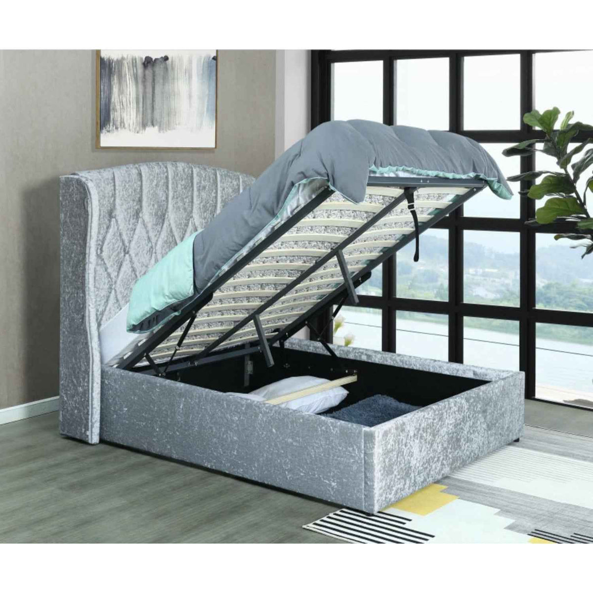 Balmoral King Size Ottoman Bed Frame in Crush Silver Velvet with LED Lighting
