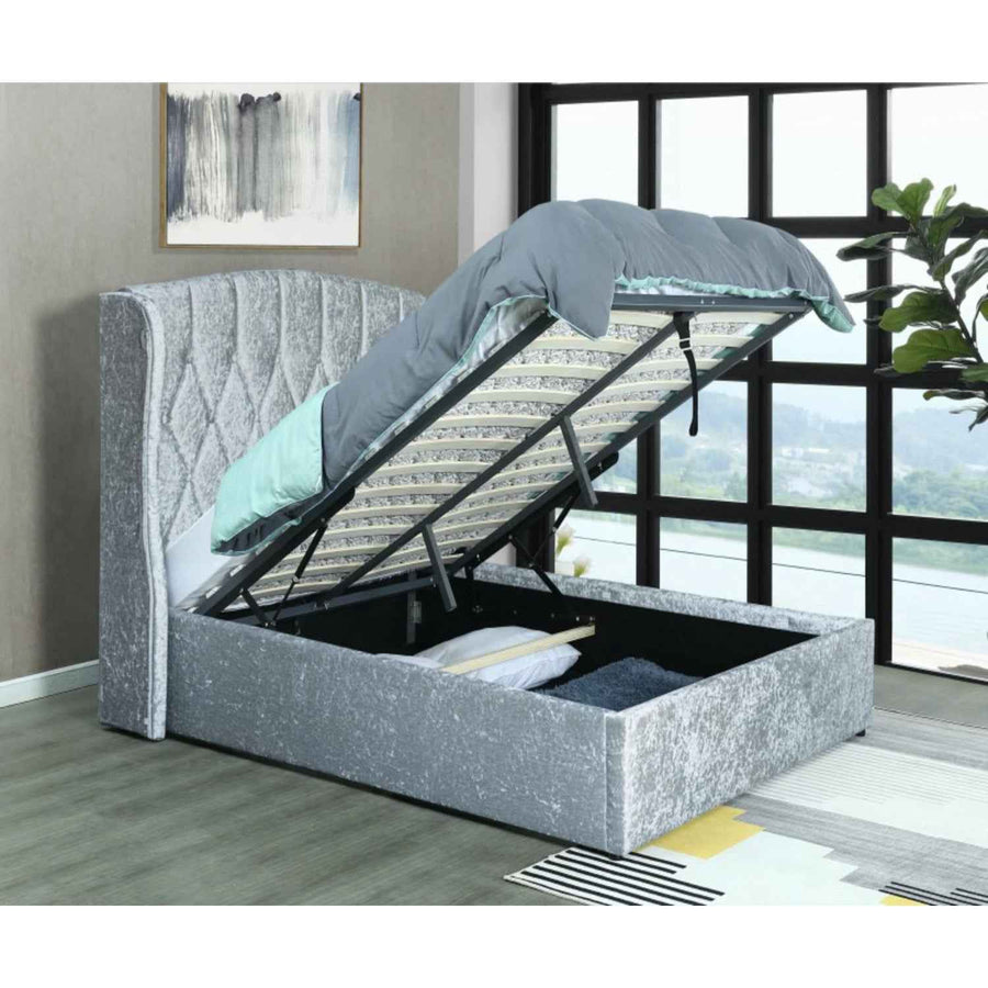 Balmoral King Size Ottoman Bed Frame in Crush Silver Velvet with LED Lighting