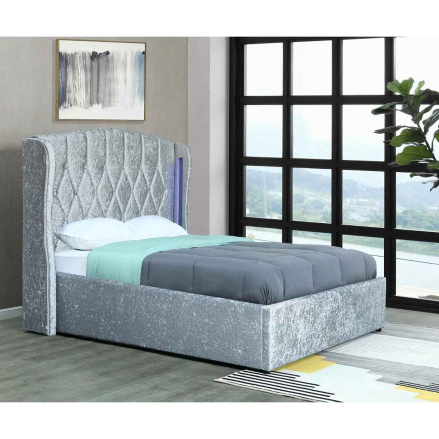 Balmoral King Size Ottoman Bed Frame in Crush Silver Velvet with LED Lighting