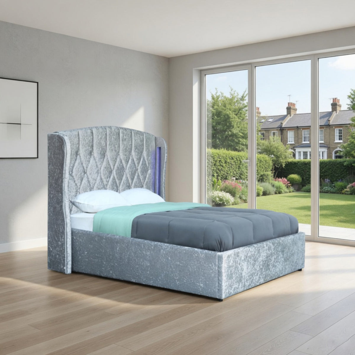 Balmoral Double Ottoman Bed Frame in Crush Silver Velvet with LED Lighting - image 10