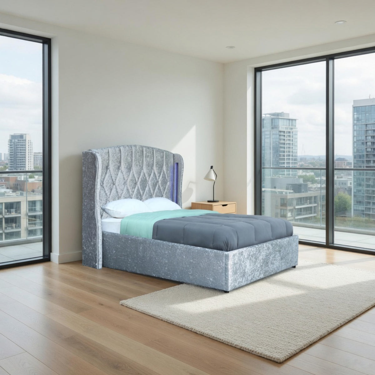 Balmoral Double Ottoman Bed Frame in Crush Silver Velvet with LED Lighting - image 13