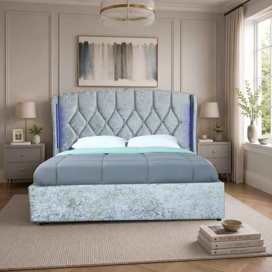 Balmoral Double Ottoman Bed Frame in Crush Silver Velvet with LED Lighting