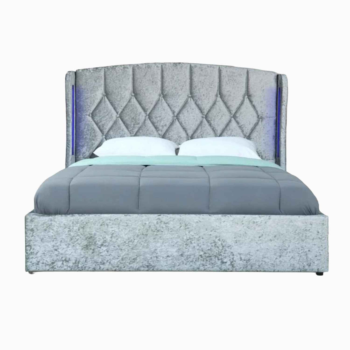 Balmoral Double Ottoman Bed Frame in Crush Silver Velvet with LED Lighting