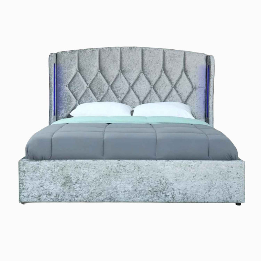 Balmoral Double Ottoman Bed Frame in Crush Silver Velvet with LED Lighting
