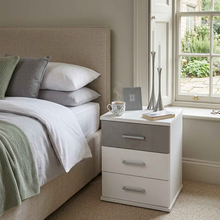 Chiswick White & Grey 3 Drawer Bedside Cabinet