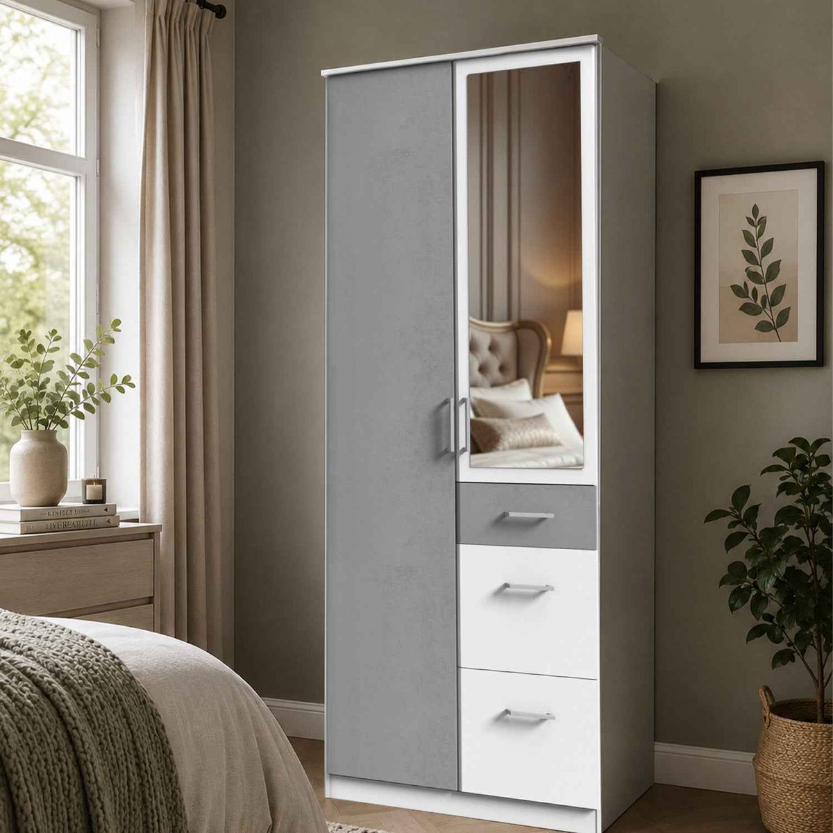 Chiswick White & Grey 2 Door Wardrobe with Mirror and Drawers