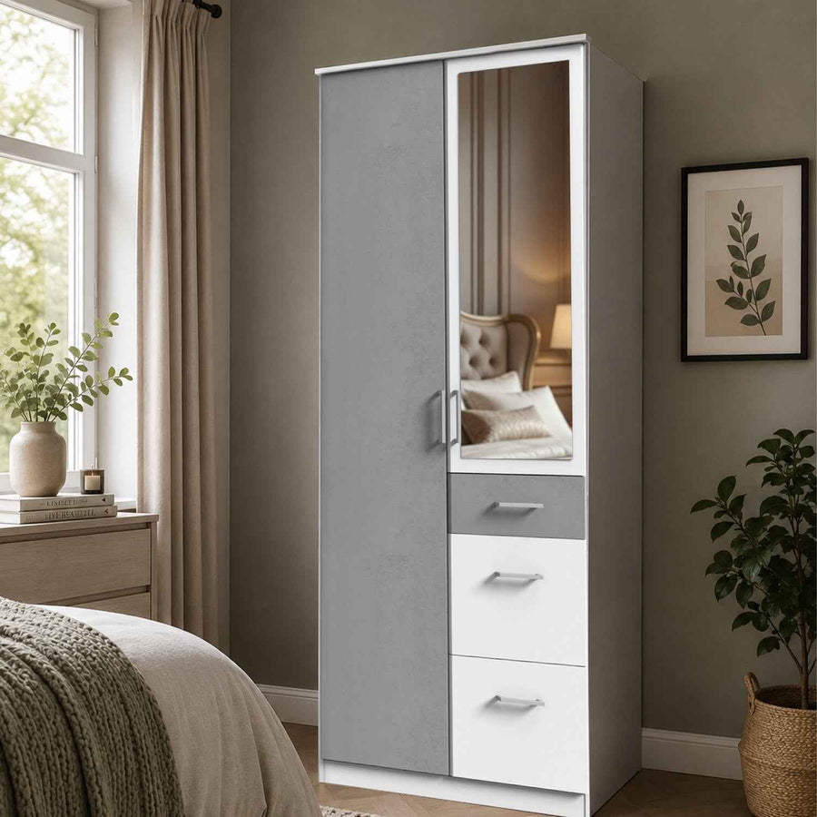 Chiswick White & Grey 2 Door Wardrobe with Mirror and Drawers