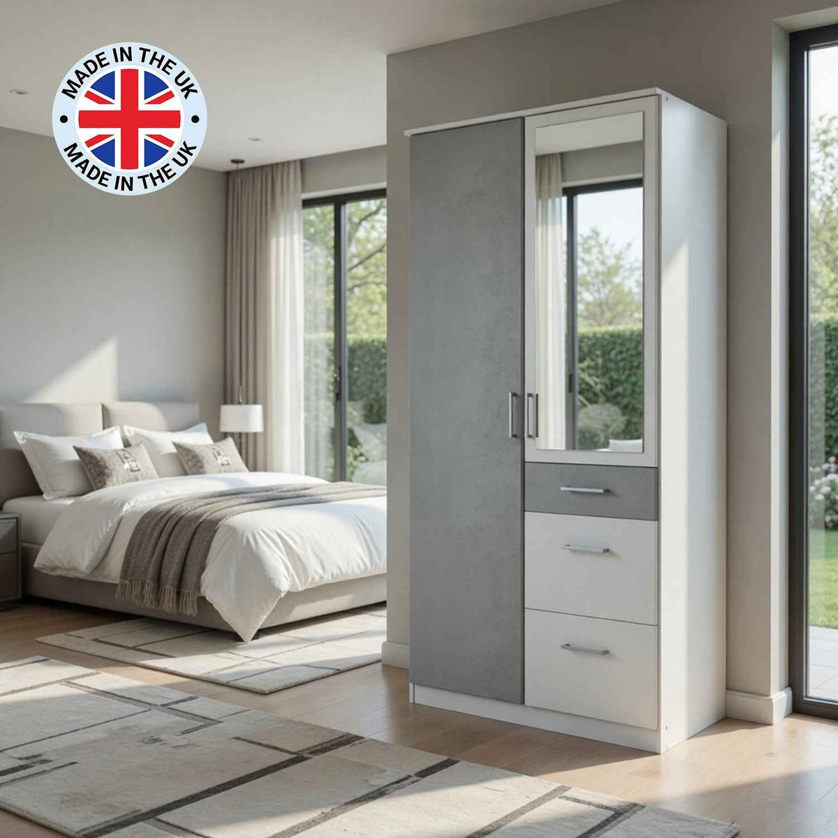 Chiswick White & Grey 2 Door Wardrobe with Mirror and Drawers