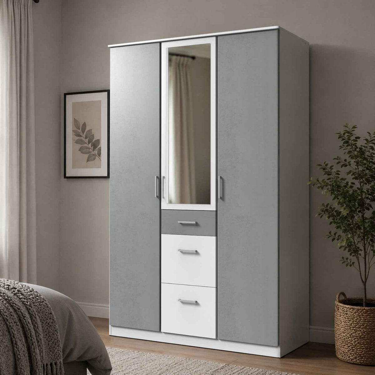 Chiswick White & Grey 3 Door Wardrobe with Mirror and Drawers