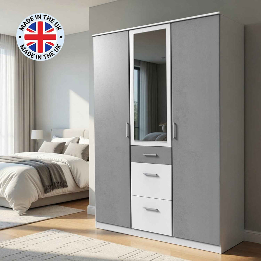 Chiswick White & Grey 3 Door Wardrobe with Mirror and Drawers
