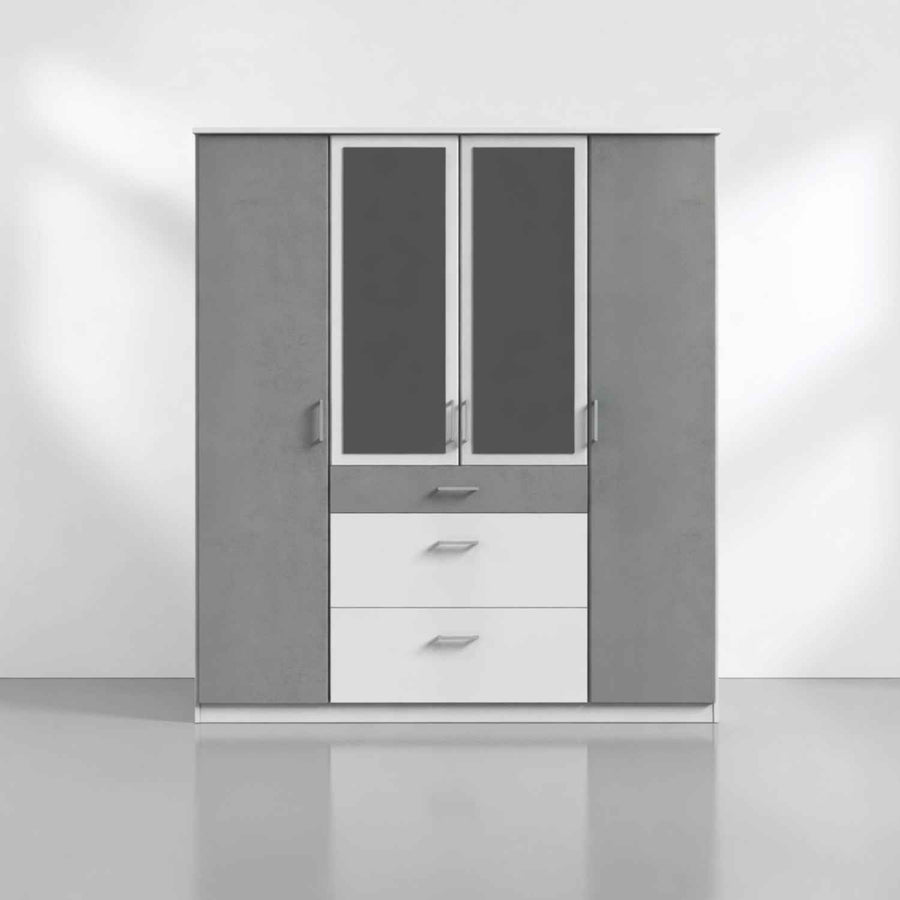 Chiswick White & Grey 4 Door Wardrobe with Mirrors and Drawers