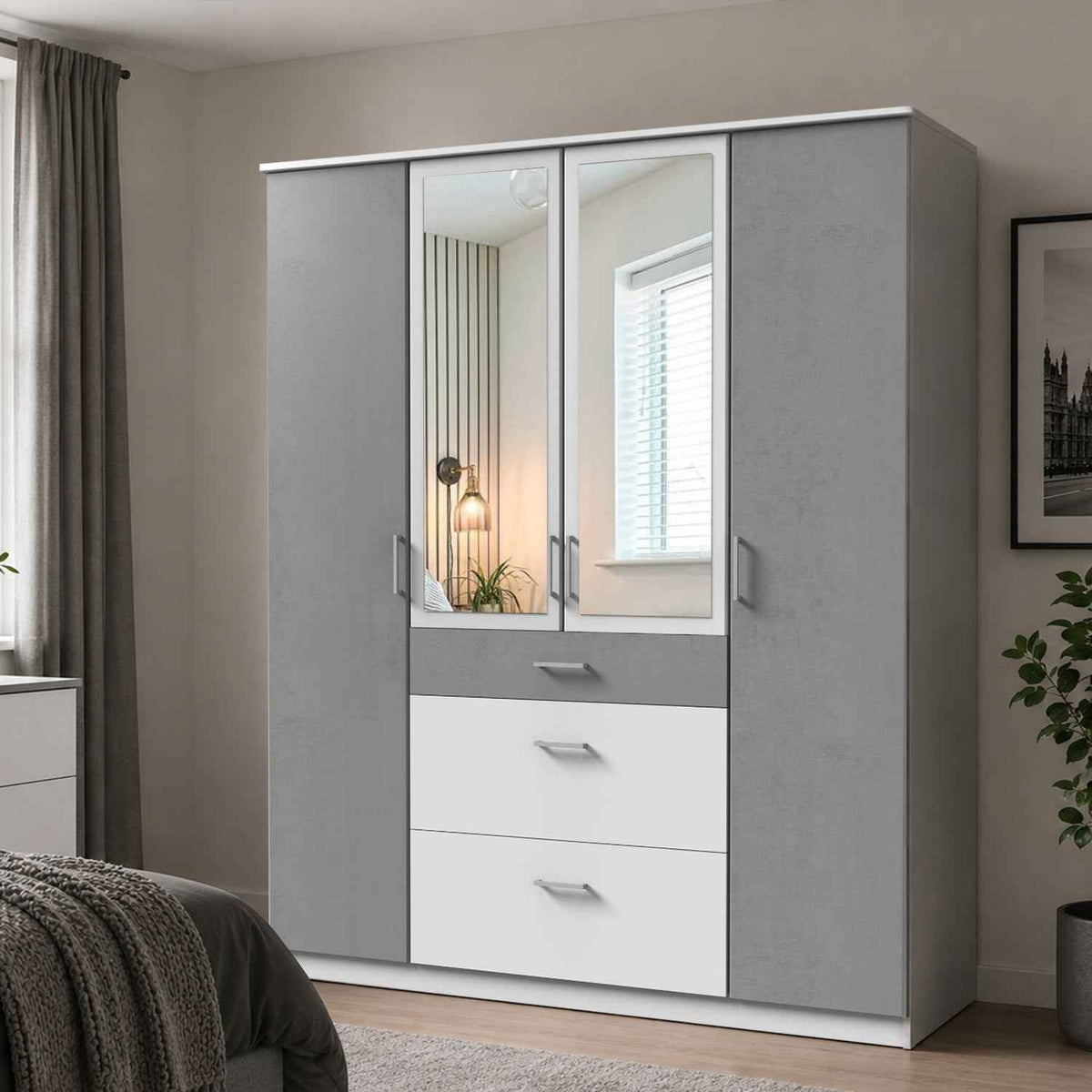 Chiswick White & Grey 4 Door Wardrobe with Mirrors and Drawers