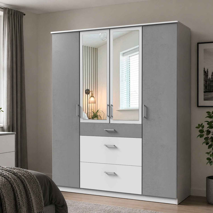 Chiswick White & Grey 4 Door Wardrobe with Mirrors and Drawers