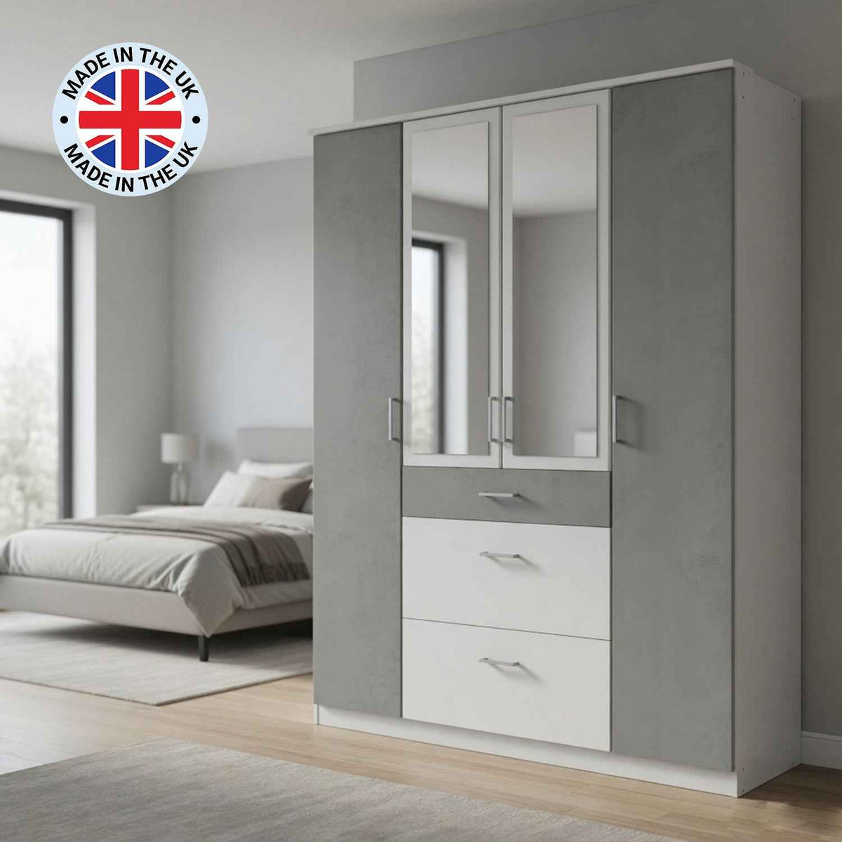 Chiswick White & Grey 4 Door Wardrobe with Mirrors and Drawers