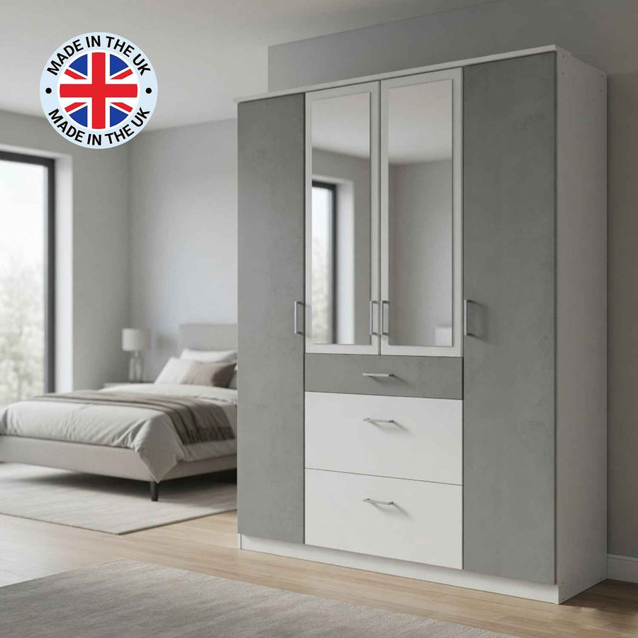 Chiswick White & Grey 4 Door Wardrobe with Mirrors and Drawers