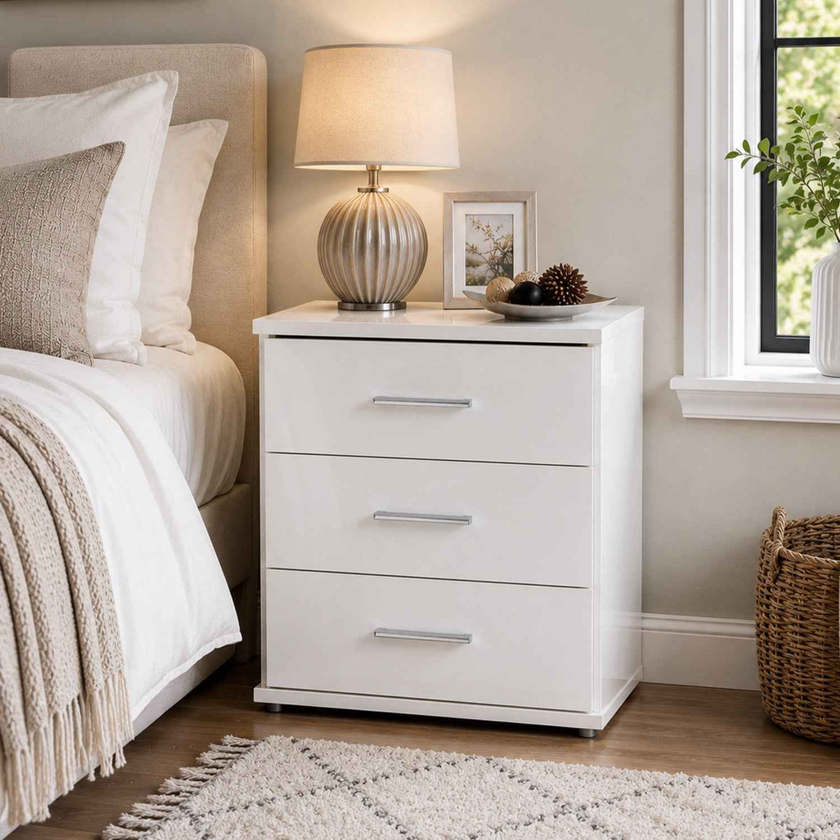 Camden White Gloss 3 Drawer Bedside Cabinet