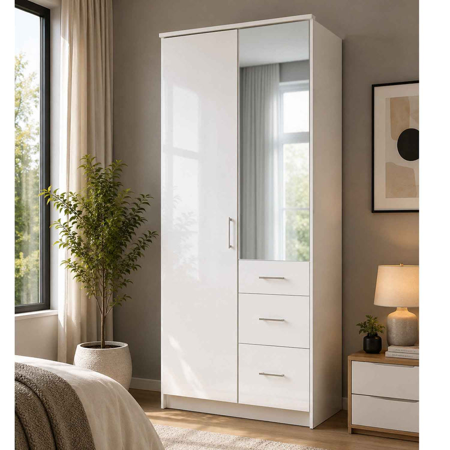 Camden White Gloss 2 Door Mirrored Wardrobe