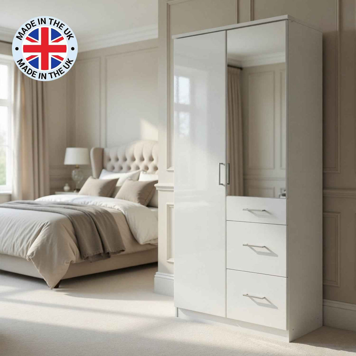 Camden White Gloss 2 Door Mirrored Wardrobe