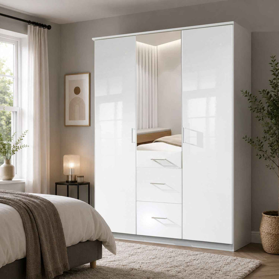 Camden White Gloss 3 Door Mirrored Wardrobe