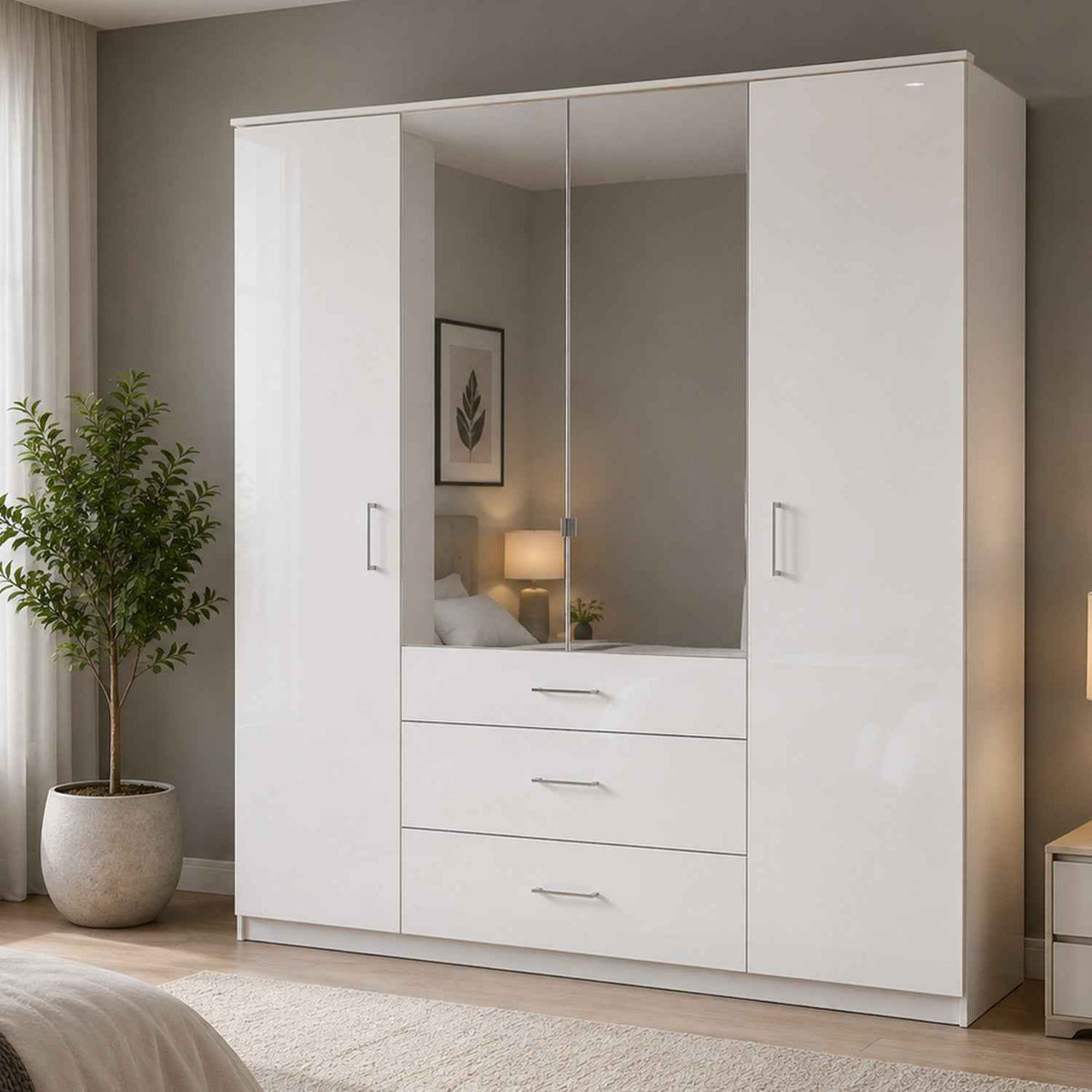 Camden White Gloss 4 Door Mirrored Wardrobe