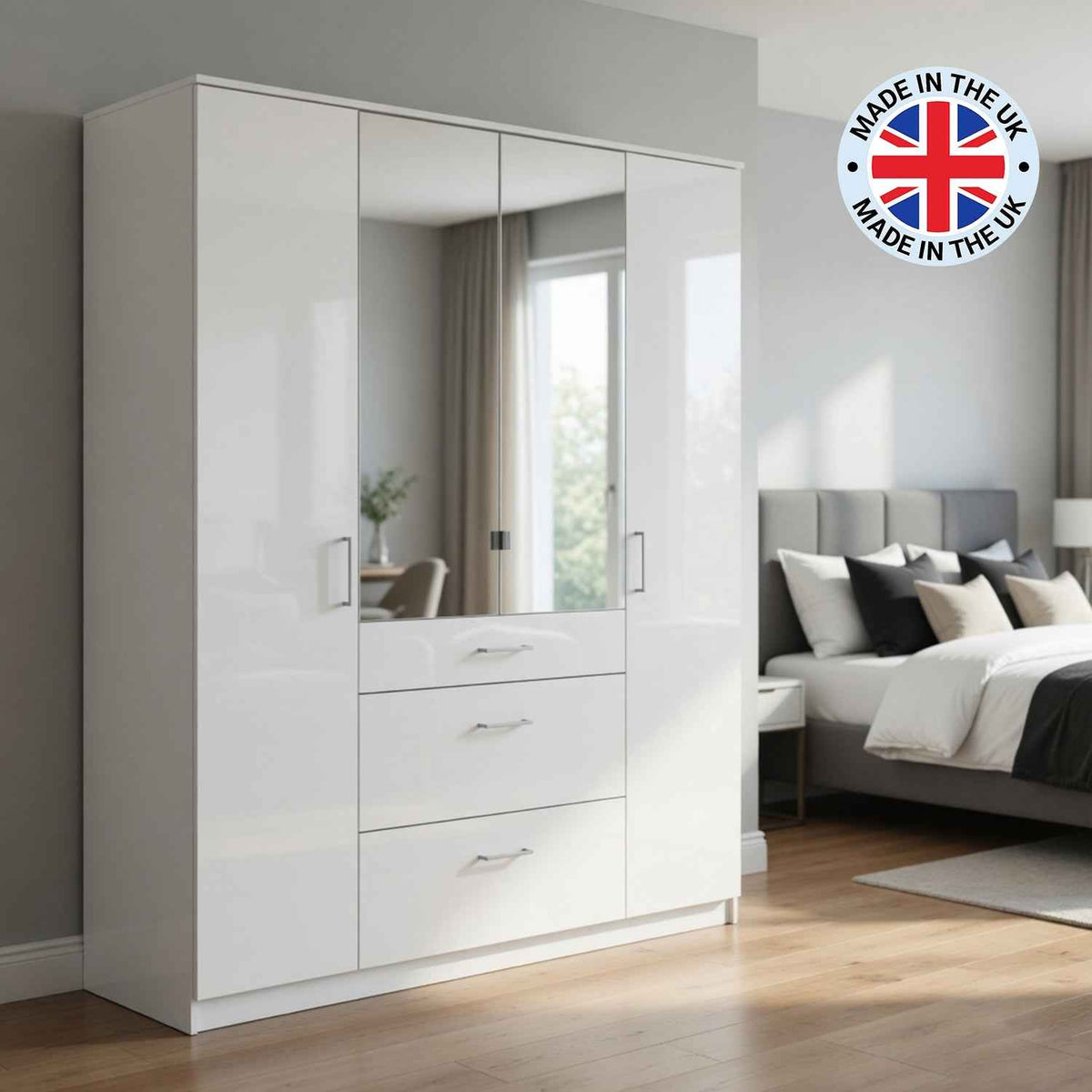 Camden White Gloss 4 Door Mirrored Wardrobe