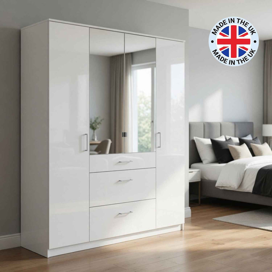 Camden White Gloss 4 Door Mirrored Wardrobe