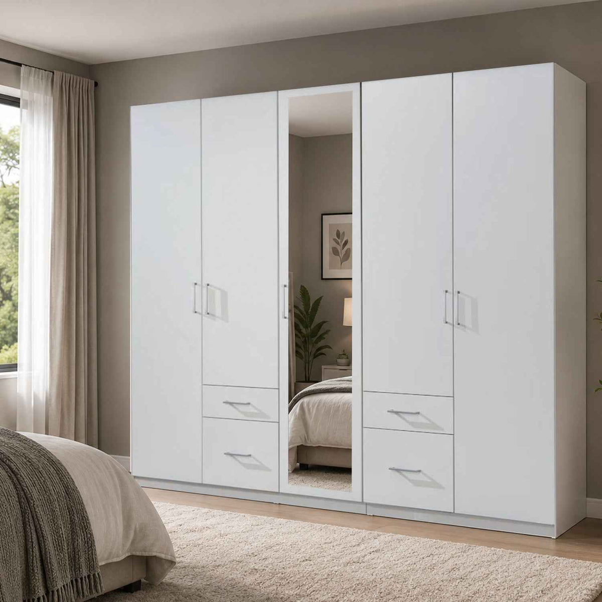 Farnham 5 Door 1 Mirror 4 Drawer Wardrobe White