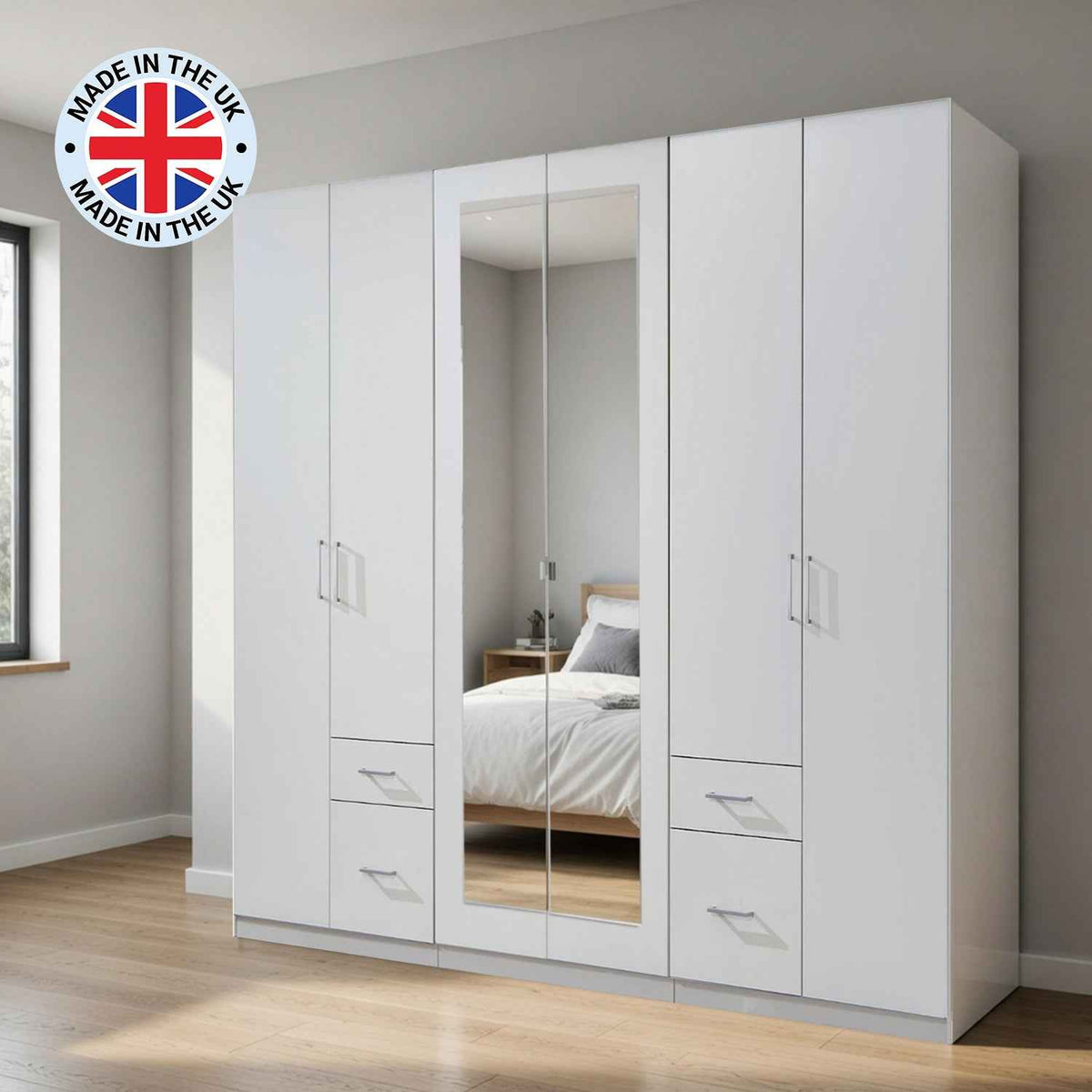 Farnham 6 Door 2 Mirror 4 Drawer Wardrobe White