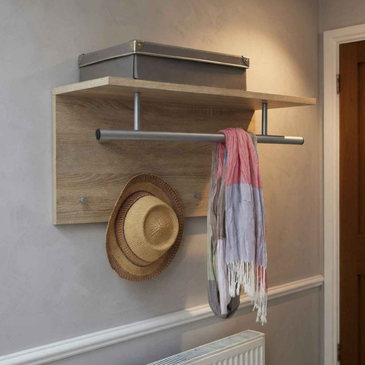Sherborne Oak Tree Wall Mounted Coat Stand with Hanging Rail and Shelf