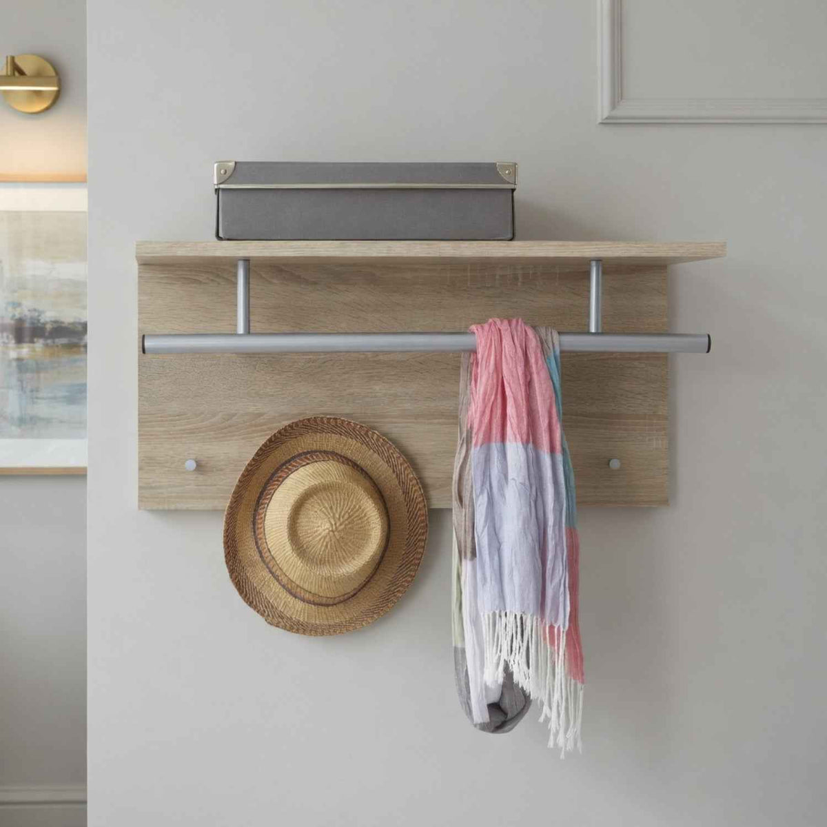 Sherborne Oak Tree Wall Mounted Coat Stand with Hanging Rail and Shelf