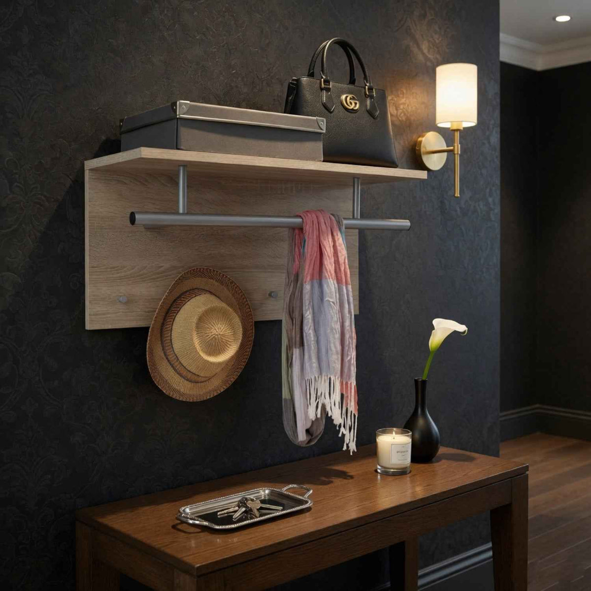Sherborne Oak Tree Wall Mounted Coat Stand with Hanging Rail and Shelf