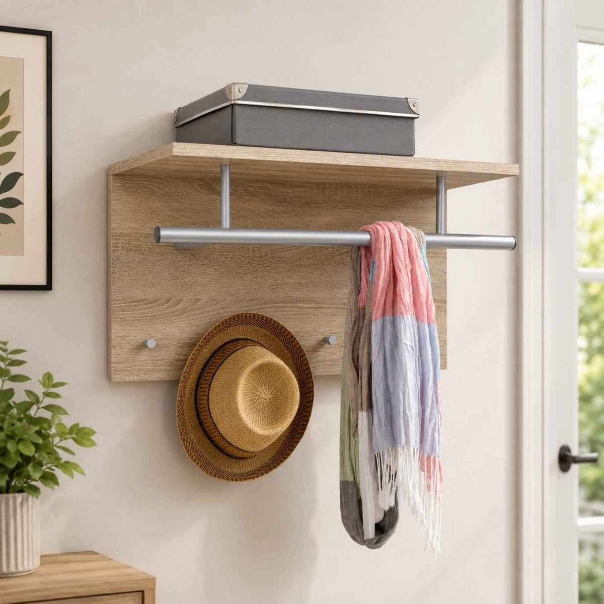Sherborne Oak Tree Wall Mounted Coat Stand with Hanging Rail and Shelf