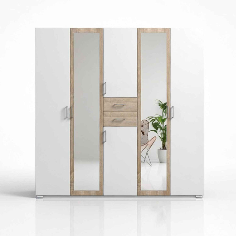Greenwich Oak 5 Door Wardrobe with Mirrors and Drawers
