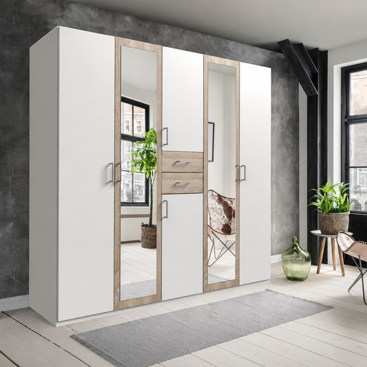 Greenwich Oak 5 Door Wardrobe with Mirrors and Drawers