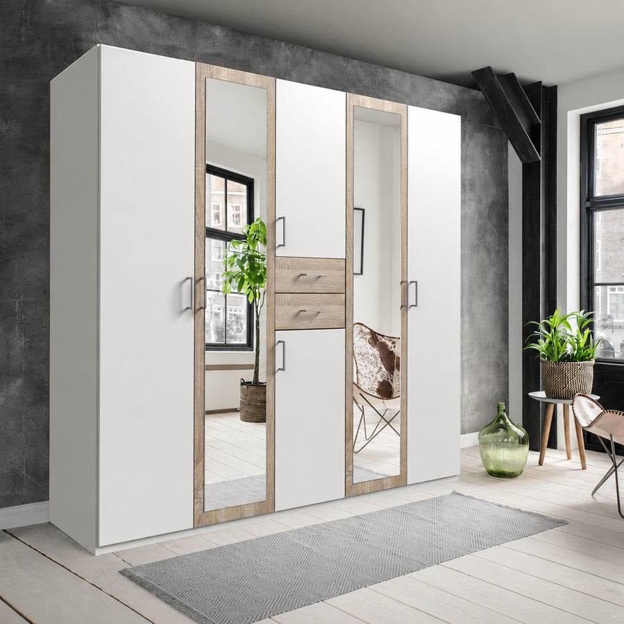 Greenwich Oak 5 Door Wardrobe with Mirrors and Drawers