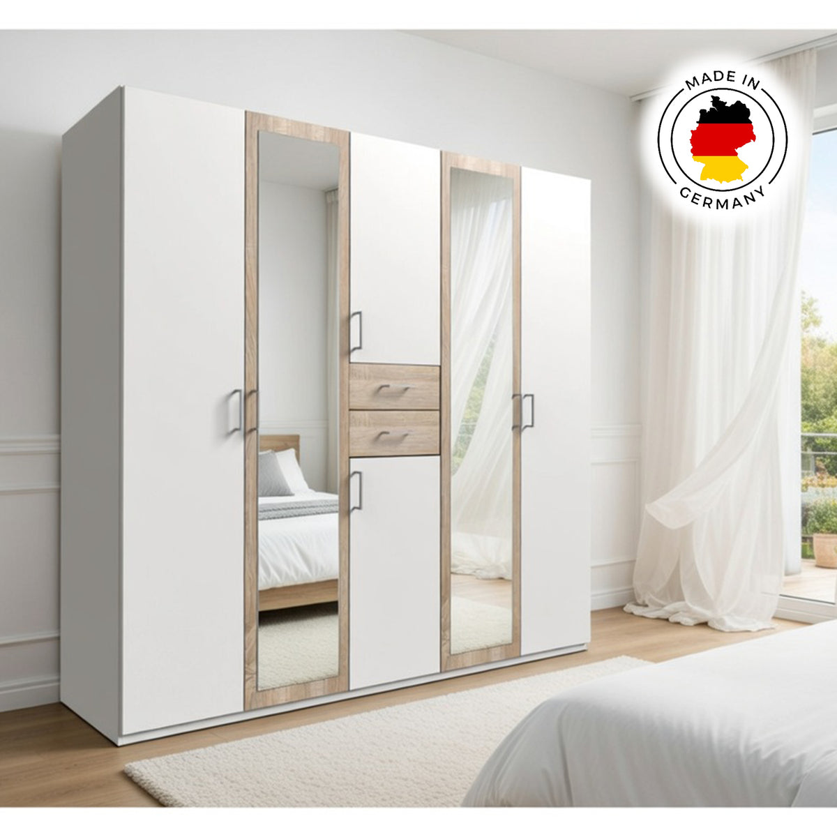 Greenwich Oak 5 Door Wardrobe with Mirrors and Drawers - image 6