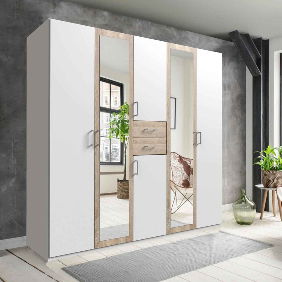 Greenwich Oak 5 Door Wardrobe with Mirrors and Drawers