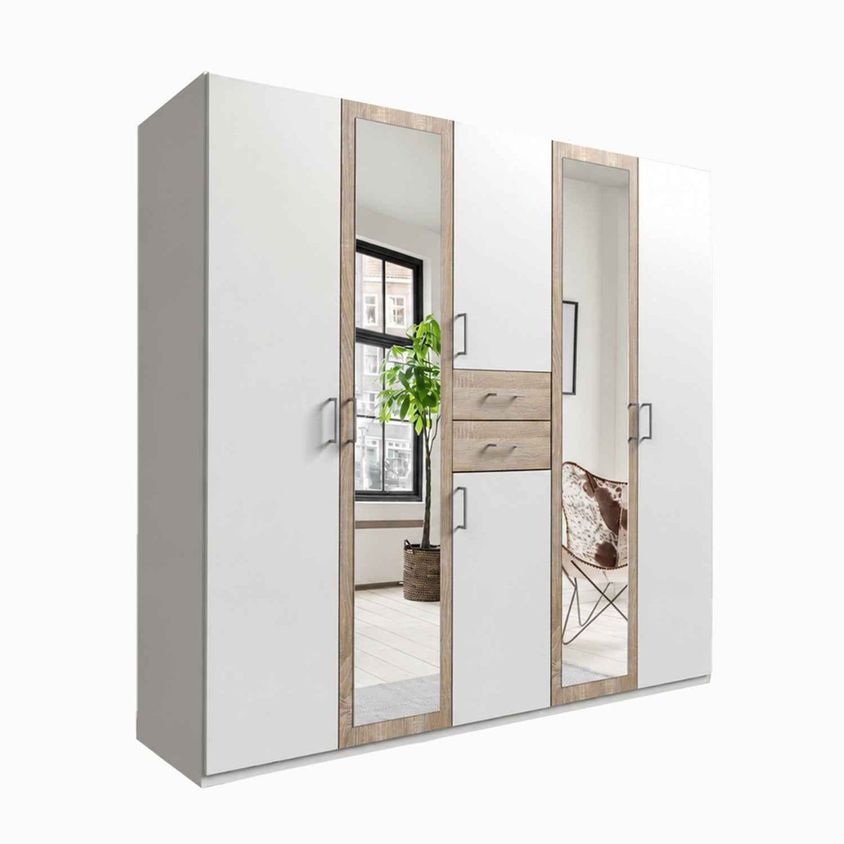 Greenwich Oak 5 Door Wardrobe with Mirrors and Drawers