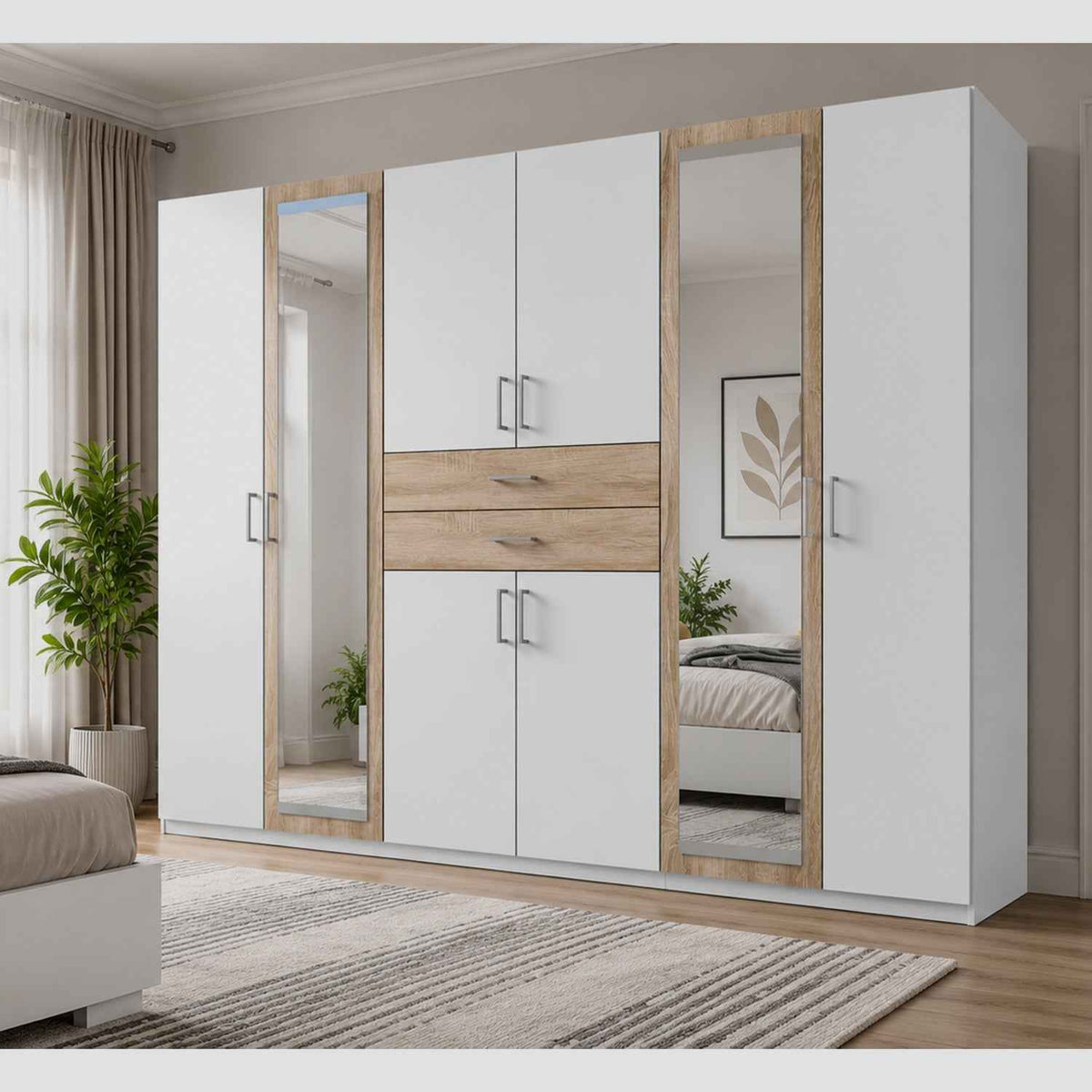 Greenwich Oak 6 Door Wardrobe with Mirrors and Drawers