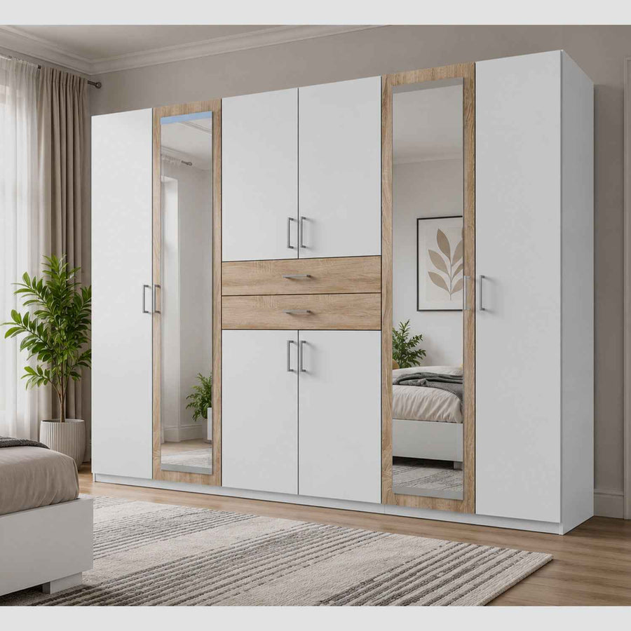 Greenwich Oak 6 Door Wardrobe with Mirrors and Drawers