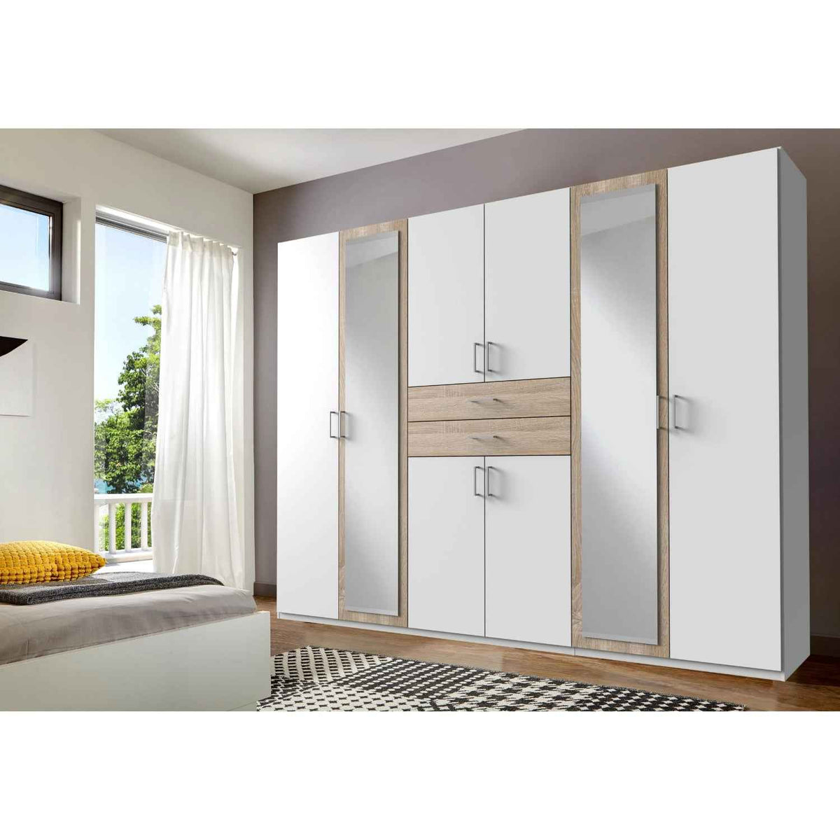 Greenwich Oak 6 Door Wardrobe with Mirrors and Drawers