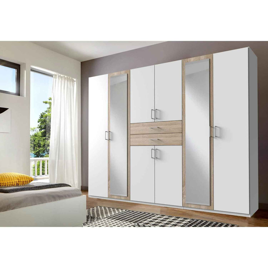 Greenwich Oak 6 Door Wardrobe with Mirrors and Drawers
