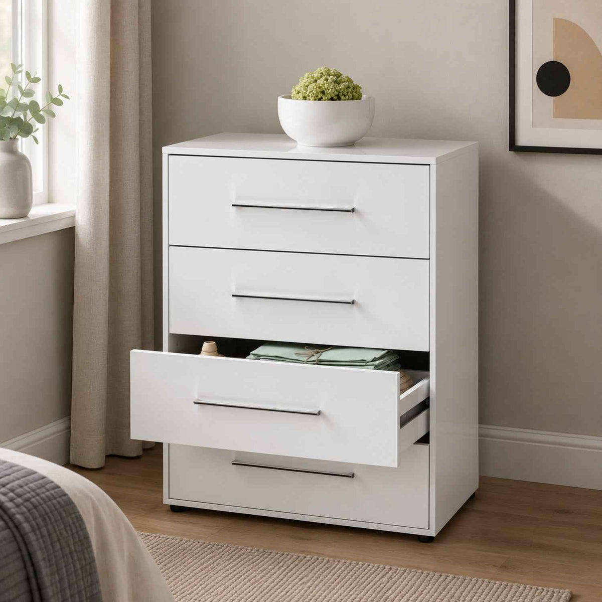 Jesmond White 4 Drawer Chest of Drawers for Bedroom Storage