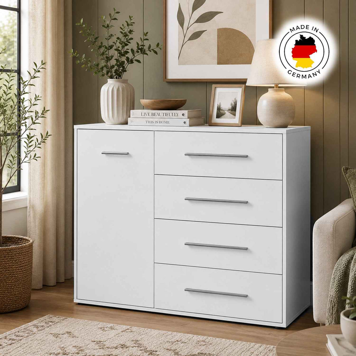 Jesmond Up Chest with 1 Door and 4 Drawers in White