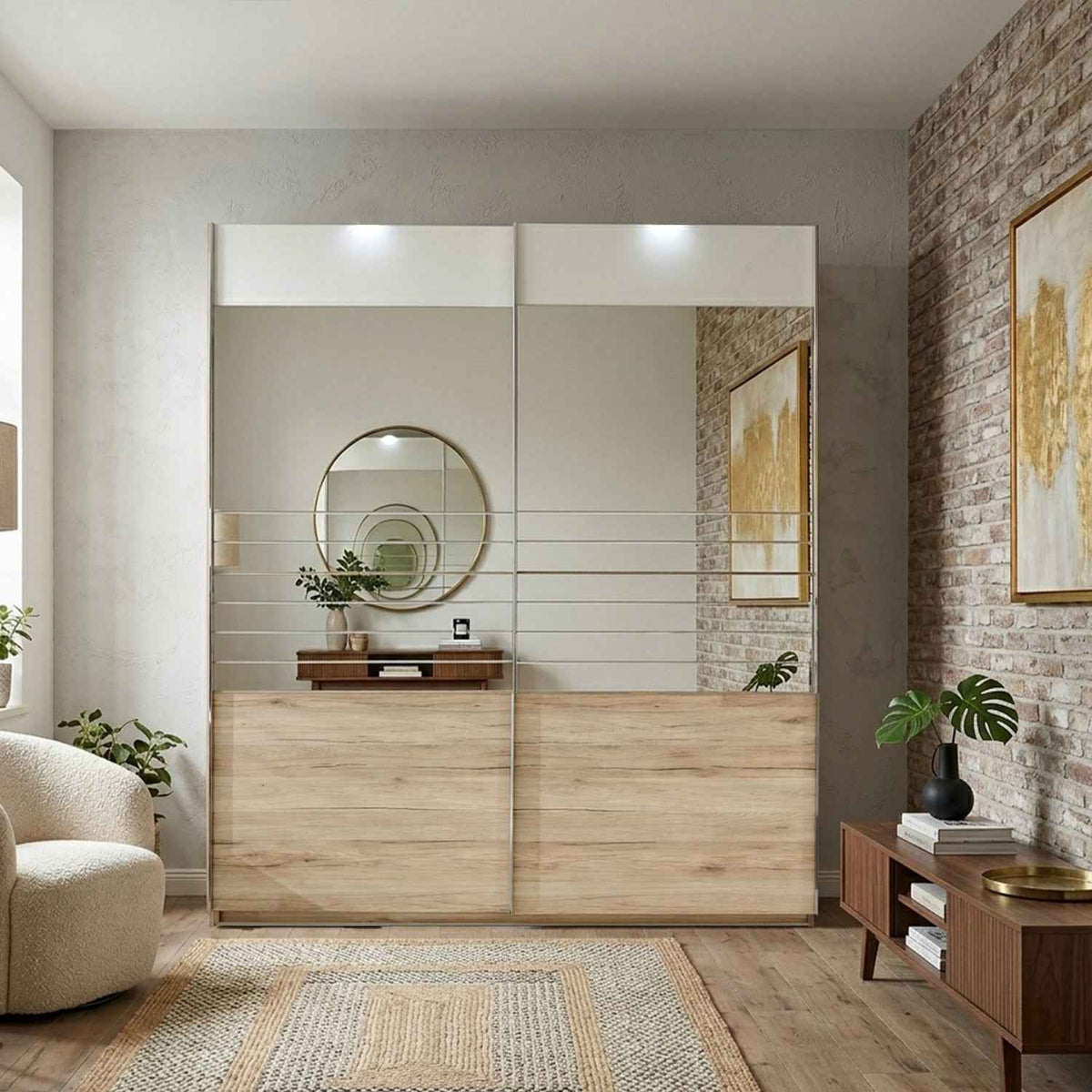 Avon 2 Door Sliding Wardrobe 250cm in Oak Effect with Grooved Mirror