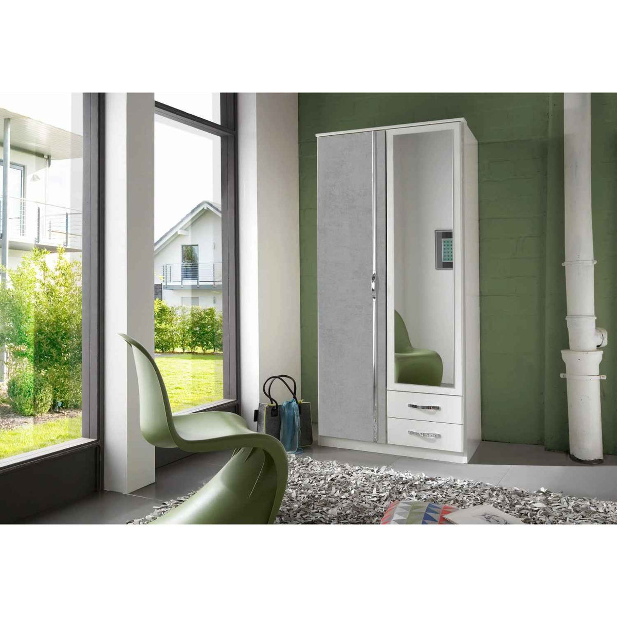 Hampton Grey 2 Door Wardrobe with Mirror and Drawers