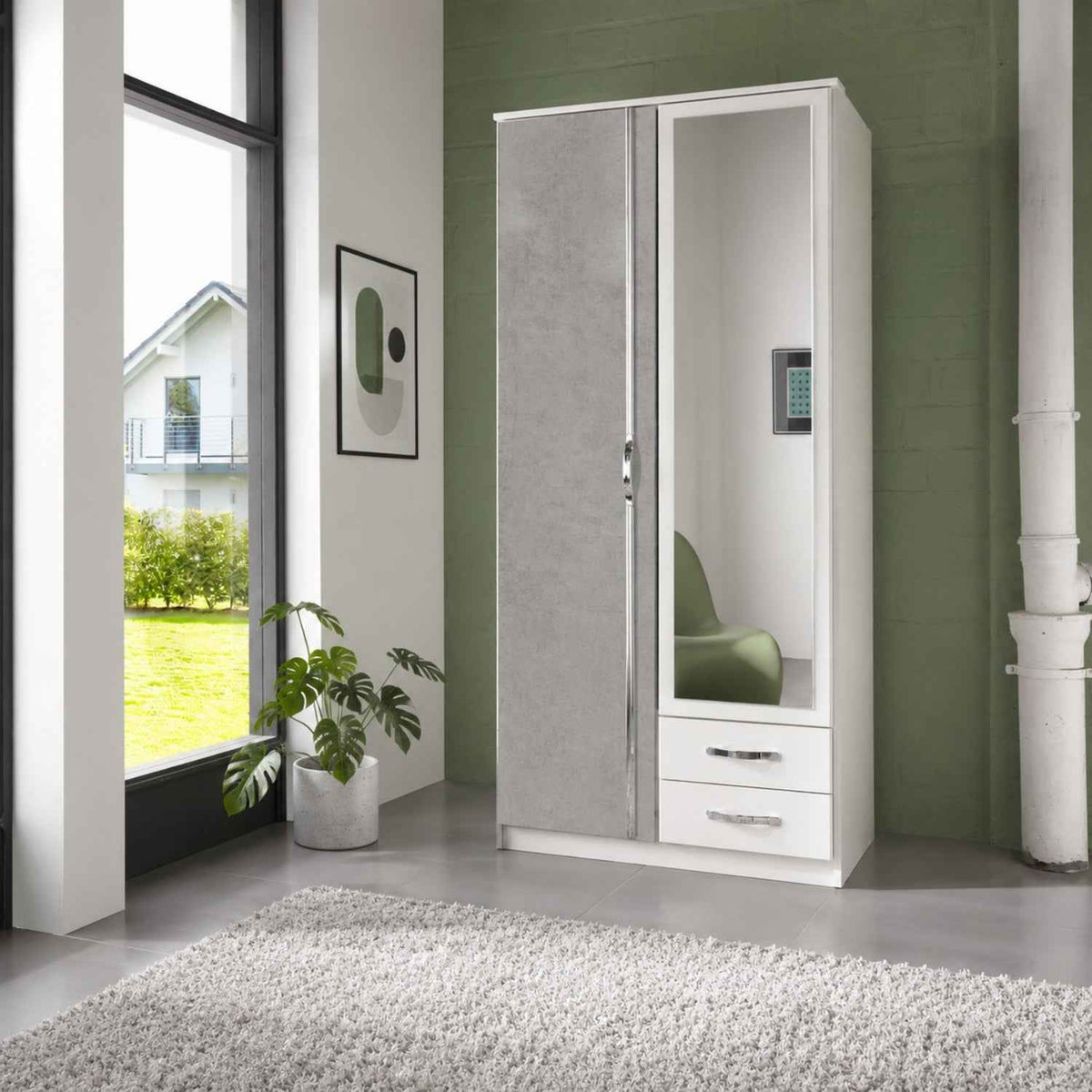 Hampton Grey 2 Door Wardrobe with Mirror and Drawers